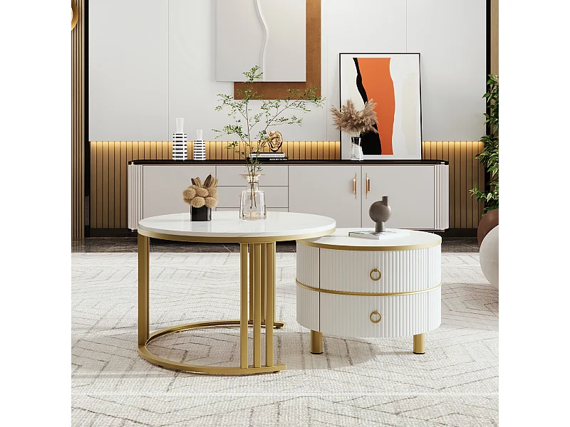 2-in-1-Couchtisch rund – 70 x 70 x 46 cm + 50 x 50 x 40 cm – Wohnzimmertisch-Kombination mit 2 Schubladen – MDF – weiß