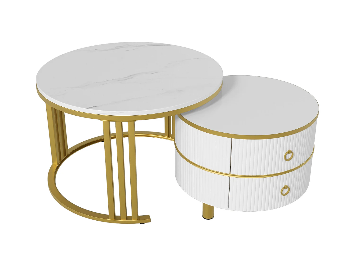 2-in-1-Couchtisch rund – 70 x 70 x 46 cm + 50 x 50 x 40 cm – Wohnzimmertisch-Kombination mit 2 Schubladen – MDF – weiß