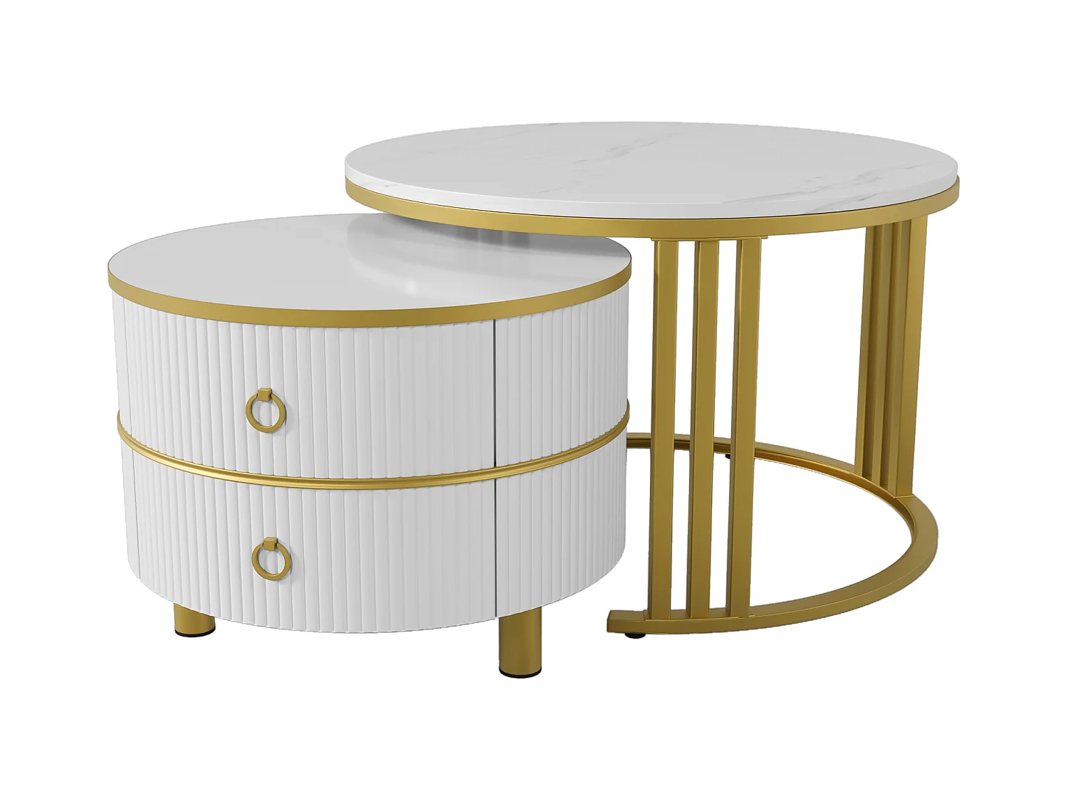 2-in-1-Couchtisch rund – 70 x 70 x 46 cm + 50 x 50 x 40 cm – Wohnzimmertisch-Kombination mit 2 Schubladen – MDF – weiß