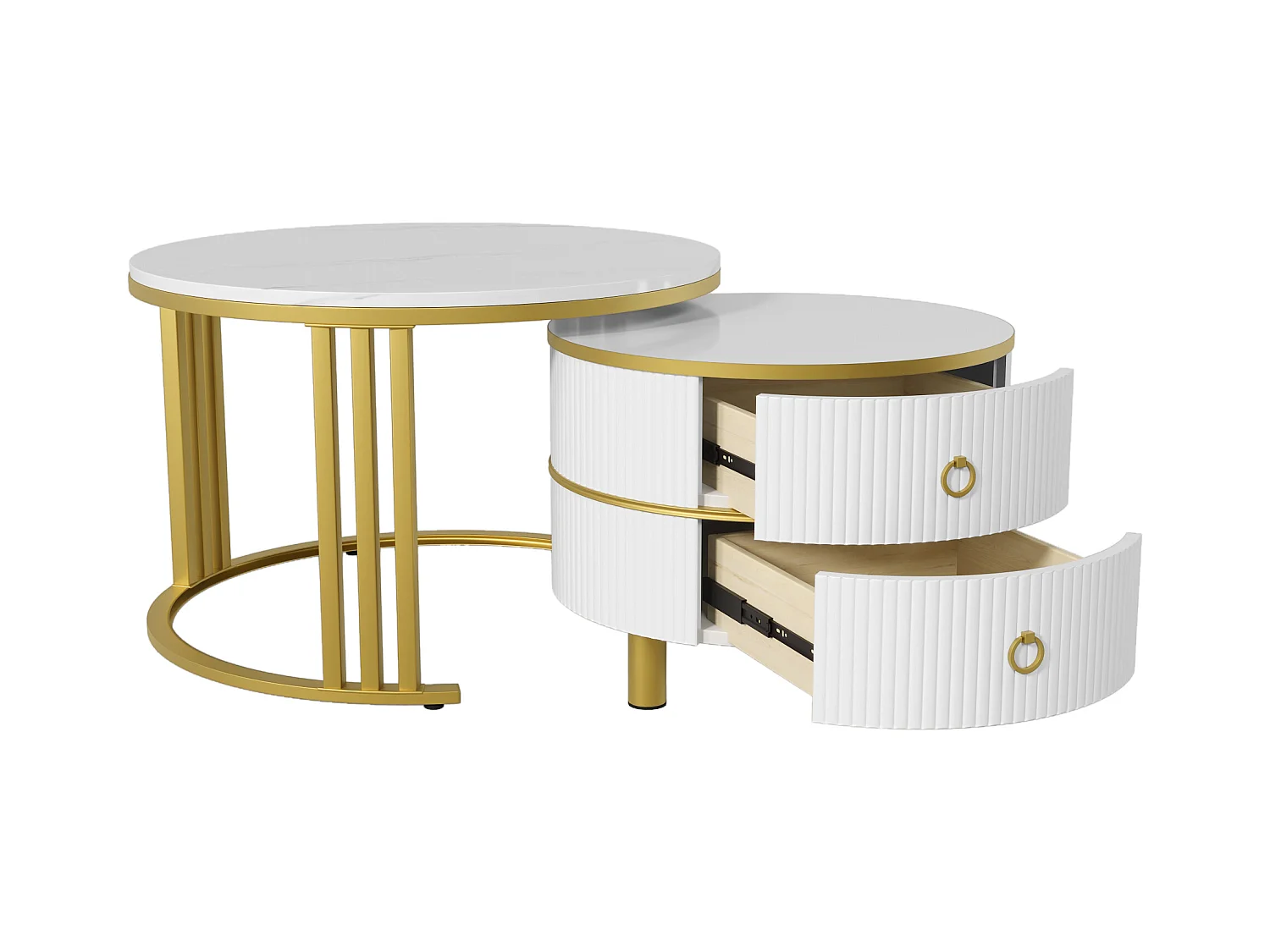 2-in-1-Couchtisch rund – 70 x 70 x 46 cm + 50 x 50 x 40 cm – Wohnzimmertisch-Kombination mit 2 Schubladen – MDF – weiß