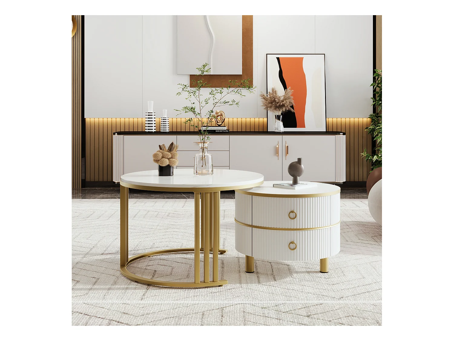 Table basse ronde 2 en 1 - 70 x 70 x 46 cm + 50 x 50 x 40 cm - combinaison de table de salon avec 2 tiroirs - MDF - blanc