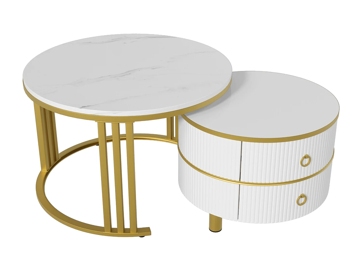 Mesa de centro redonda 2 en 1 - 70 x 70 x 46 cm + 50 x 50 x 40 cm - Combinación de mesa de salón con 2 cajones - MDF - Blanco