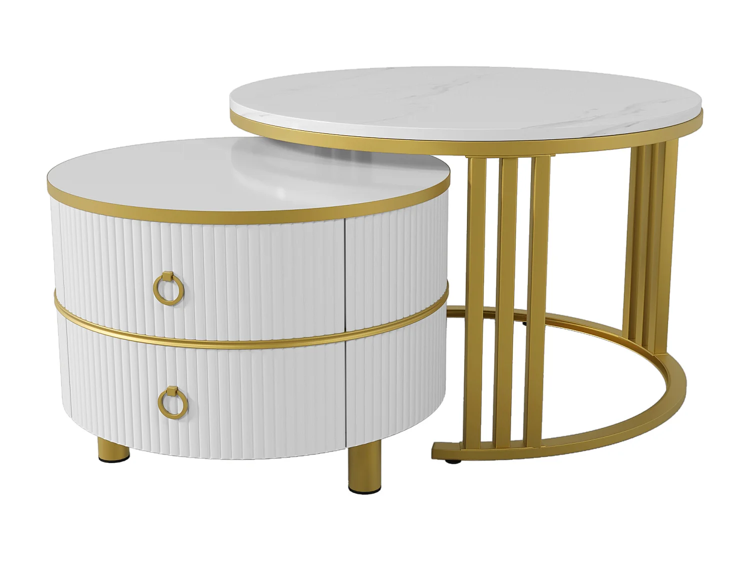 Mesa de centro redonda 2 en 1 - 70 x 70 x 46 cm + 50 x 50 x 40 cm - Combinación de mesa de salón con 2 cajones - MDF - Blanco