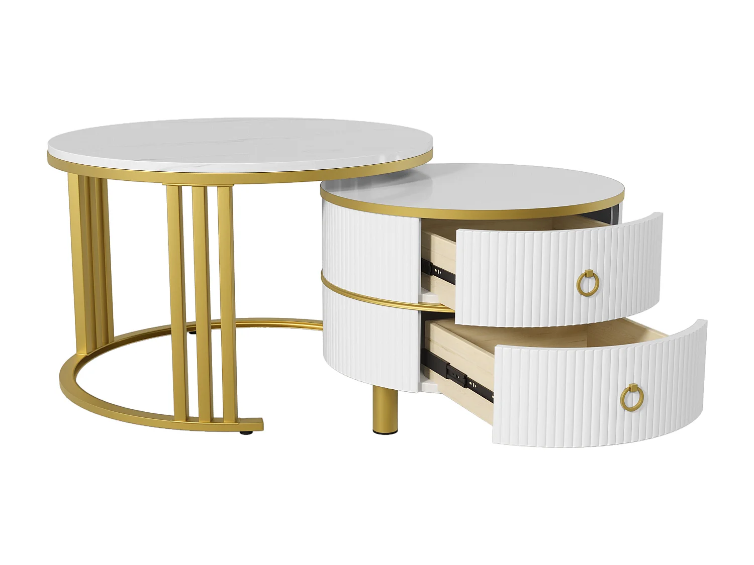 Mesa de centro redonda 2 en 1 - 70 x 70 x 46 cm + 50 x 50 x 40 cm - Combinación de mesa de salón con 2 cajones - MDF - Blanco