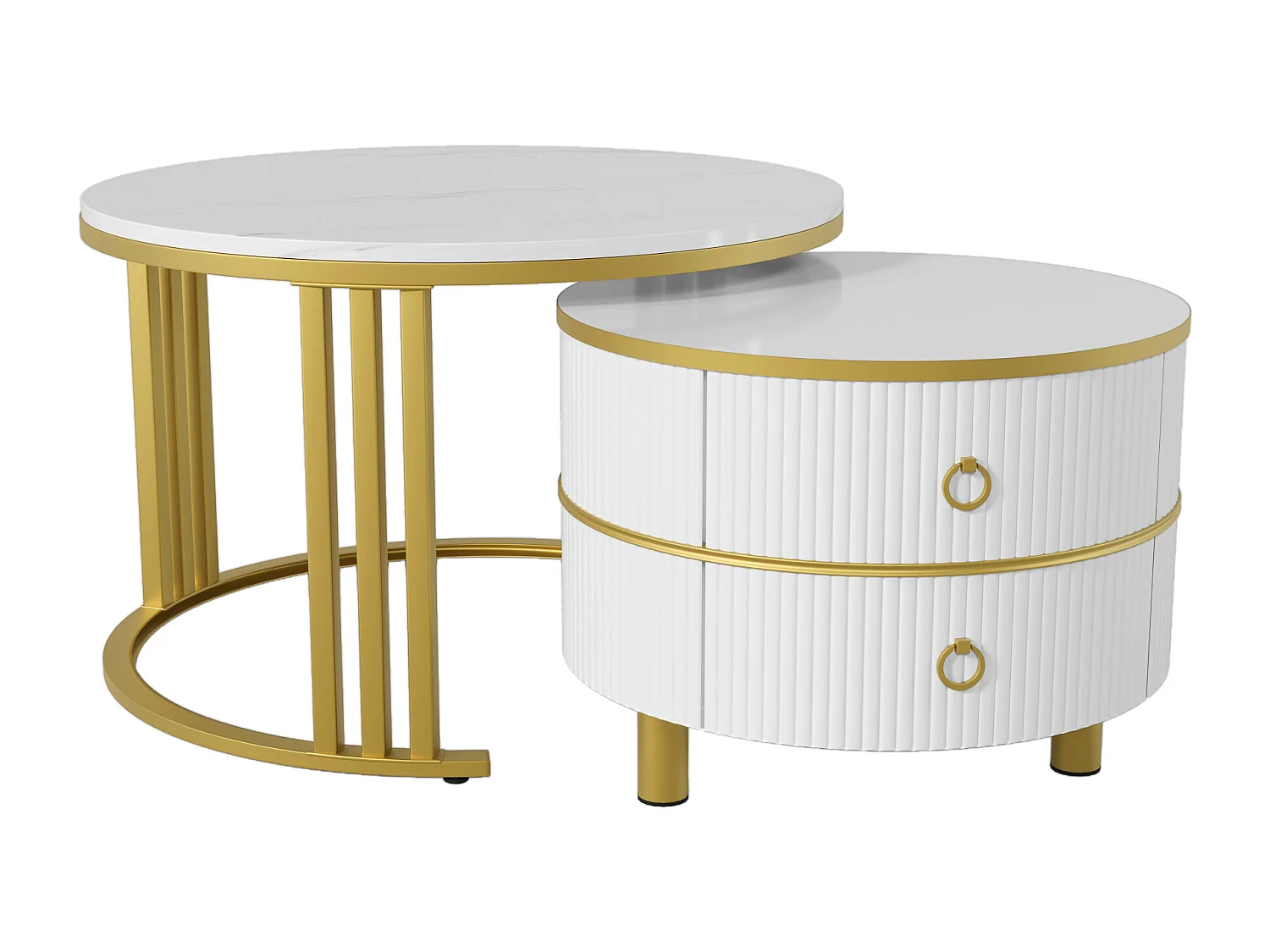 Mesa de centro redonda 2 en 1 - 70 x 70 x 46 cm + 50 x 50 x 40 cm - Combinación de mesa de salón con 2 cajones - MDF - Blanco