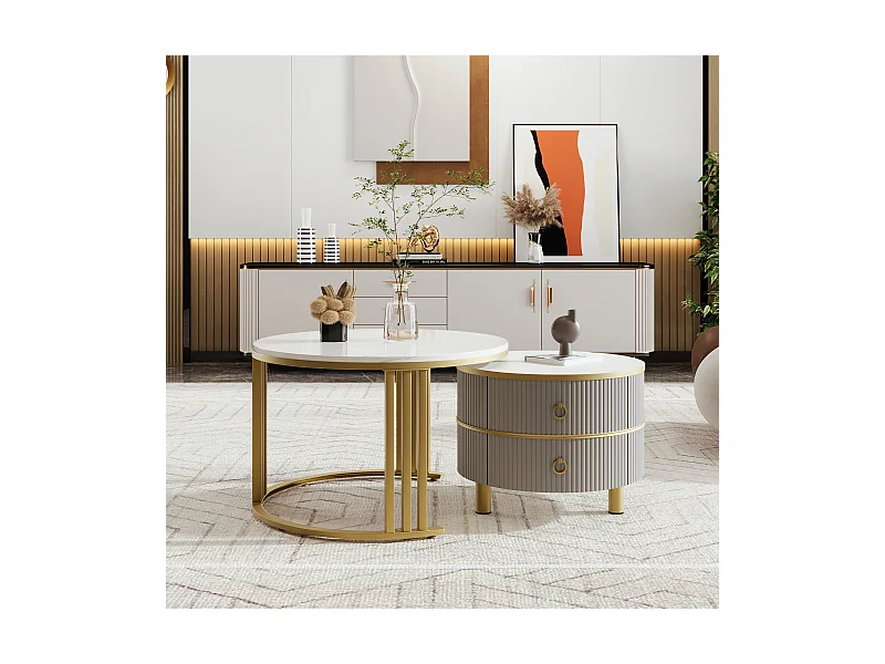 2-in-1-Couchtisch rund – 70 x 70 x 46 cm + 50 x 50 x 40 cm – Wohnzimmertisch-Kombination mit 2 Schubladen – MDF – grau