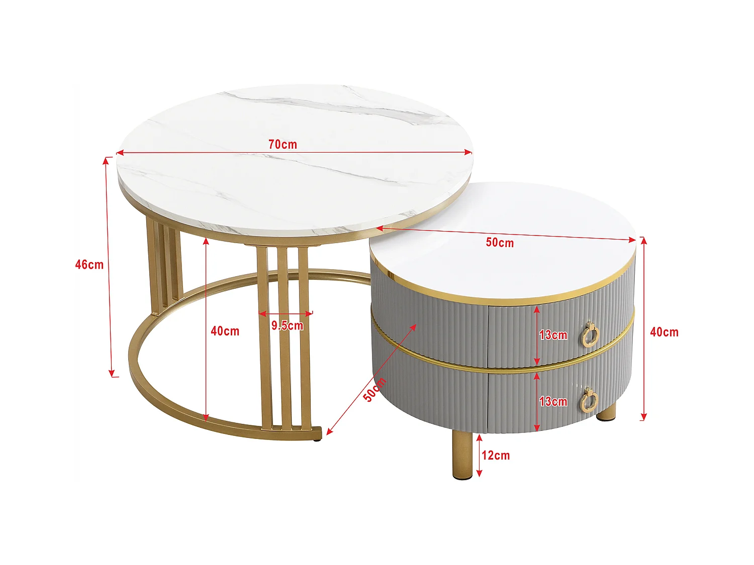 2-in-1-Couchtisch rund – 70 x 70 x 46 cm + 50 x 50 x 40 cm – Wohnzimmertisch-Kombination mit 2 Schubladen – MDF – grau
