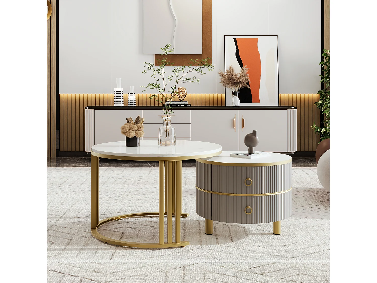 Table basse ronde 2 en 1 - 70 x 70 x 46 cm + 50 x 50 x 40 cm - combinaison de table de salon avec 2 tiroirs - MDF - gris