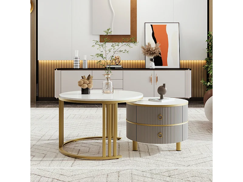 Table basse ronde 2 en 1 - 70 x 70 x 46 cm + 50 x 50 x 40 cm - combinaison de table de salon avec 2 tiroirs - MDF - gris