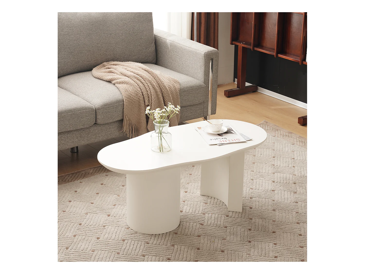 Table basse irrégulière - 100 x 50 x 40.5 cm - stable et durable - surface laquée - MDF - blanc