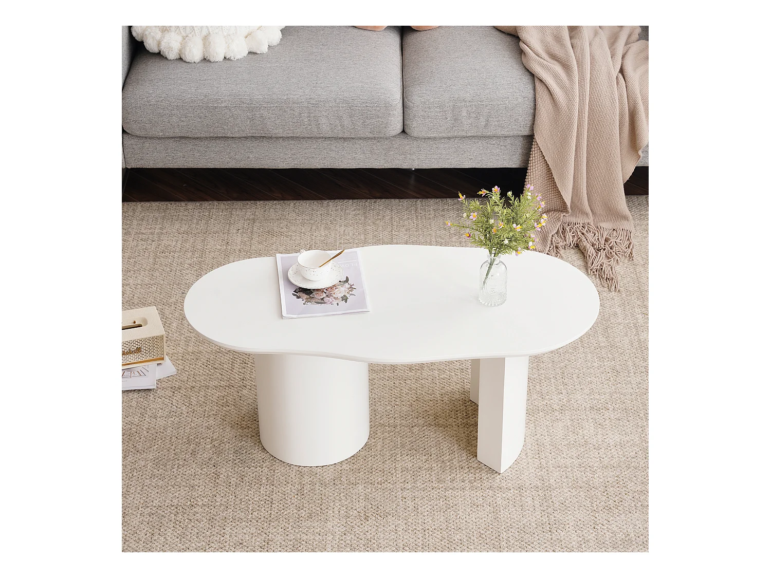 Table basse irrégulière - 100 x 50 x 40.5 cm - stable et durable - surface laquée - MDF - blanc