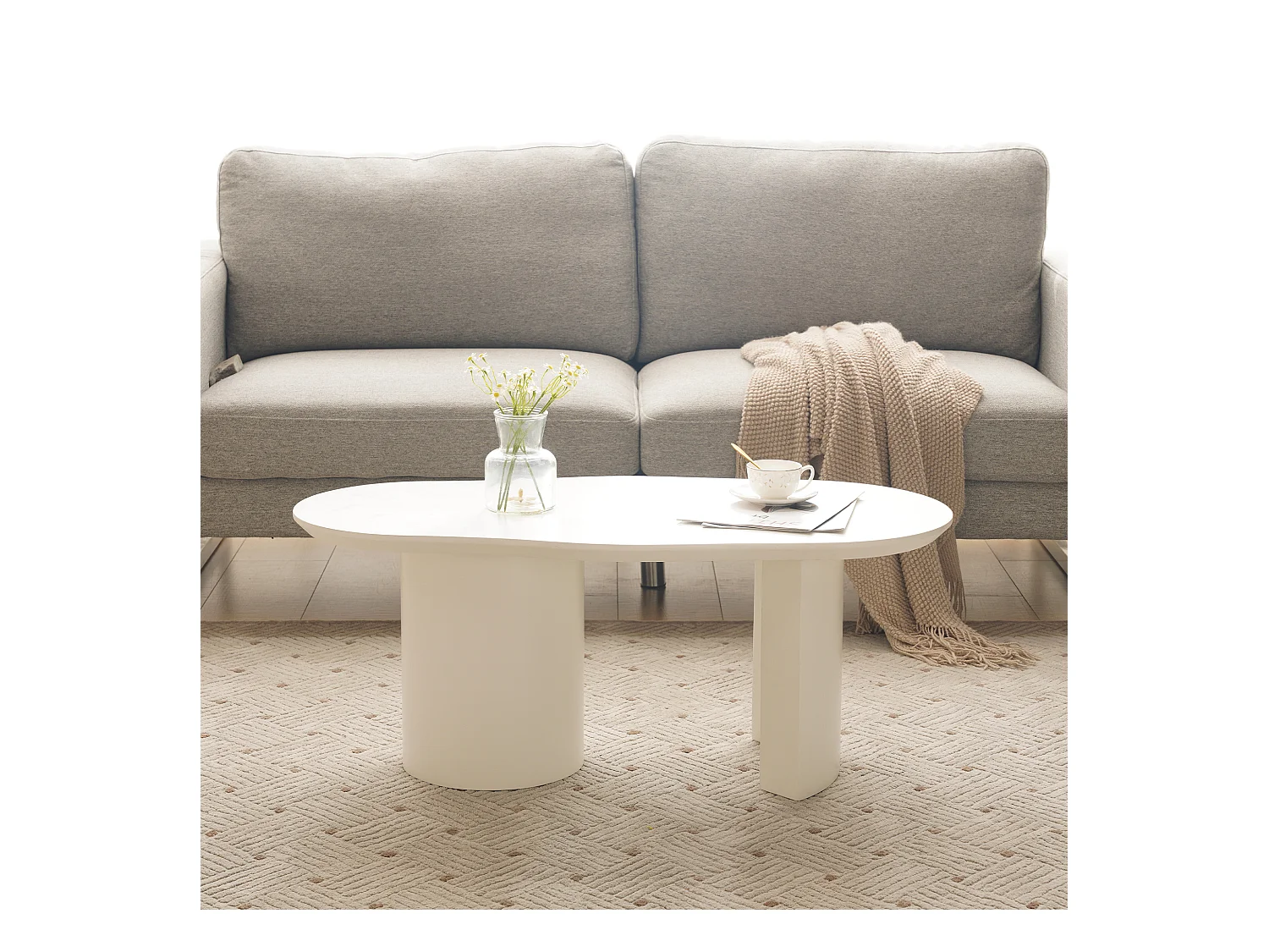 Table basse irrégulière - 100 x 50 x 40.5 cm - stable et durable - surface laquée - MDF - blanc