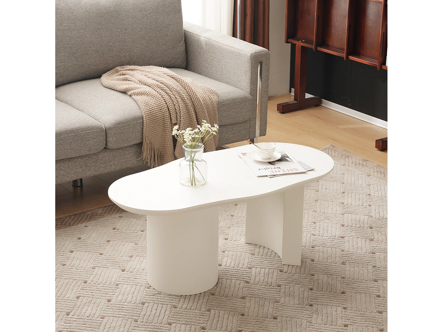 Table basse irrégulière - 100 x 50 x 40.5 cm - stable et durable - surface laquée - MDF - blanc