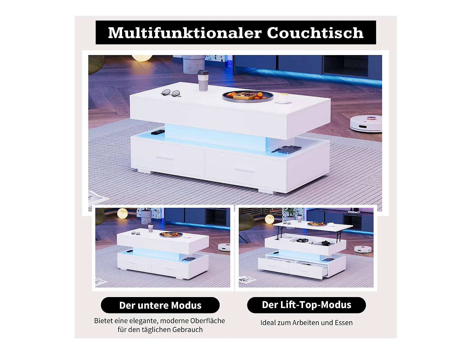 Hydraulischer Couchtisch mit Hebefunktion – 100 × 50 × 44 cm – mit LEDs + 2 Schubladen – Spanplatte – Weiß