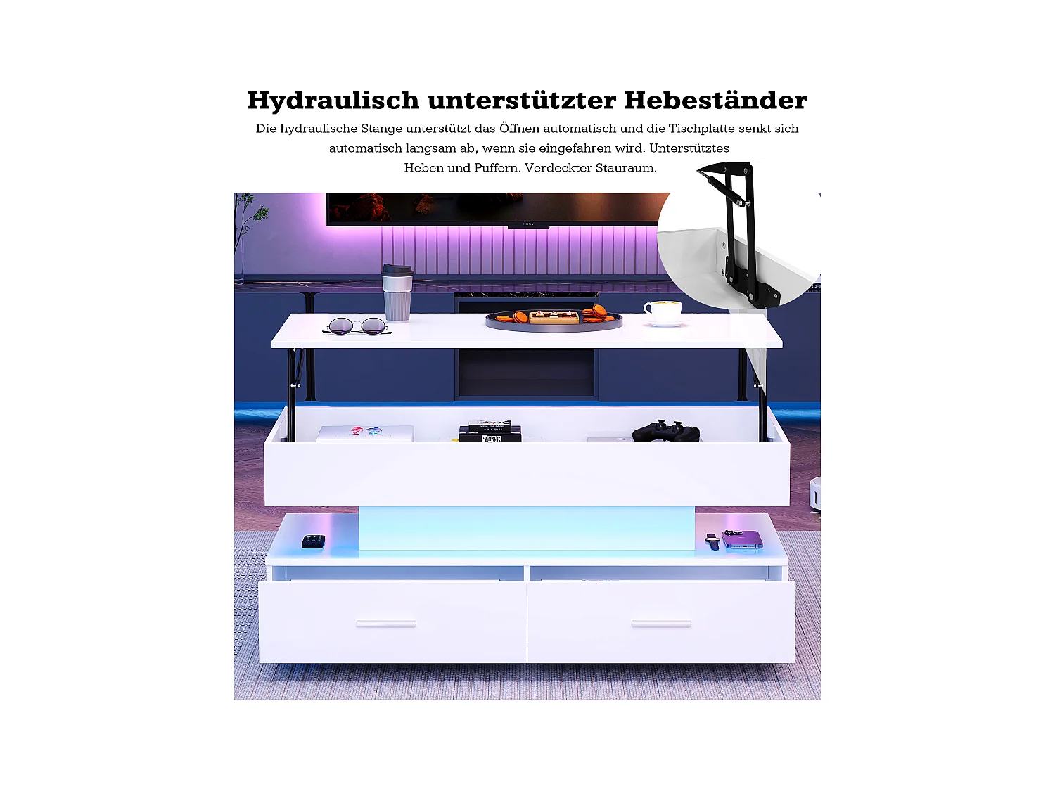 Hydraulischer Couchtisch mit Hebefunktion – 100 × 50 × 44 cm – mit LEDs + 2 Schubladen – Spanplatte – Weiß