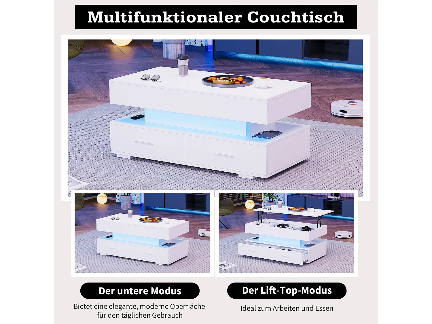 Table basse relevable hydraulique - 100 x 50 x 44 cm - avec Leds + 2 tiroirs - Aggloméré - blanc