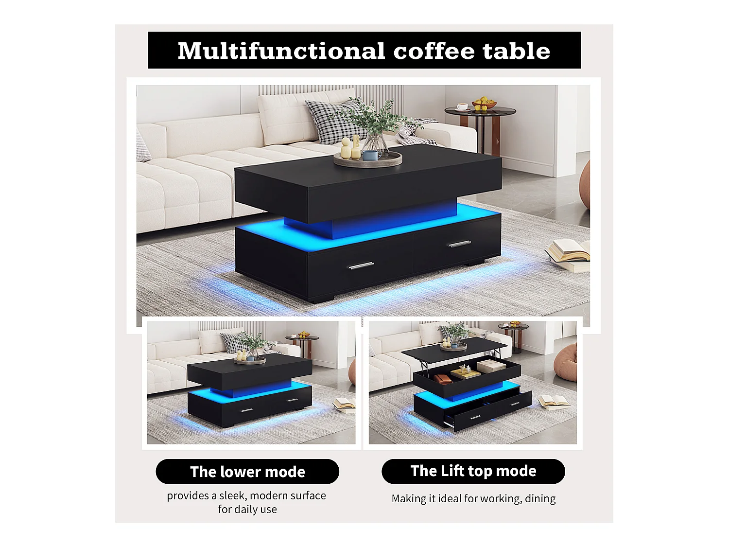 Hydraulischer Couchtisch mit Hebefunktion – 100 × 50 × 44 cm – mit LEDs + 2 Schubladen – Spanplatte – Schwarz