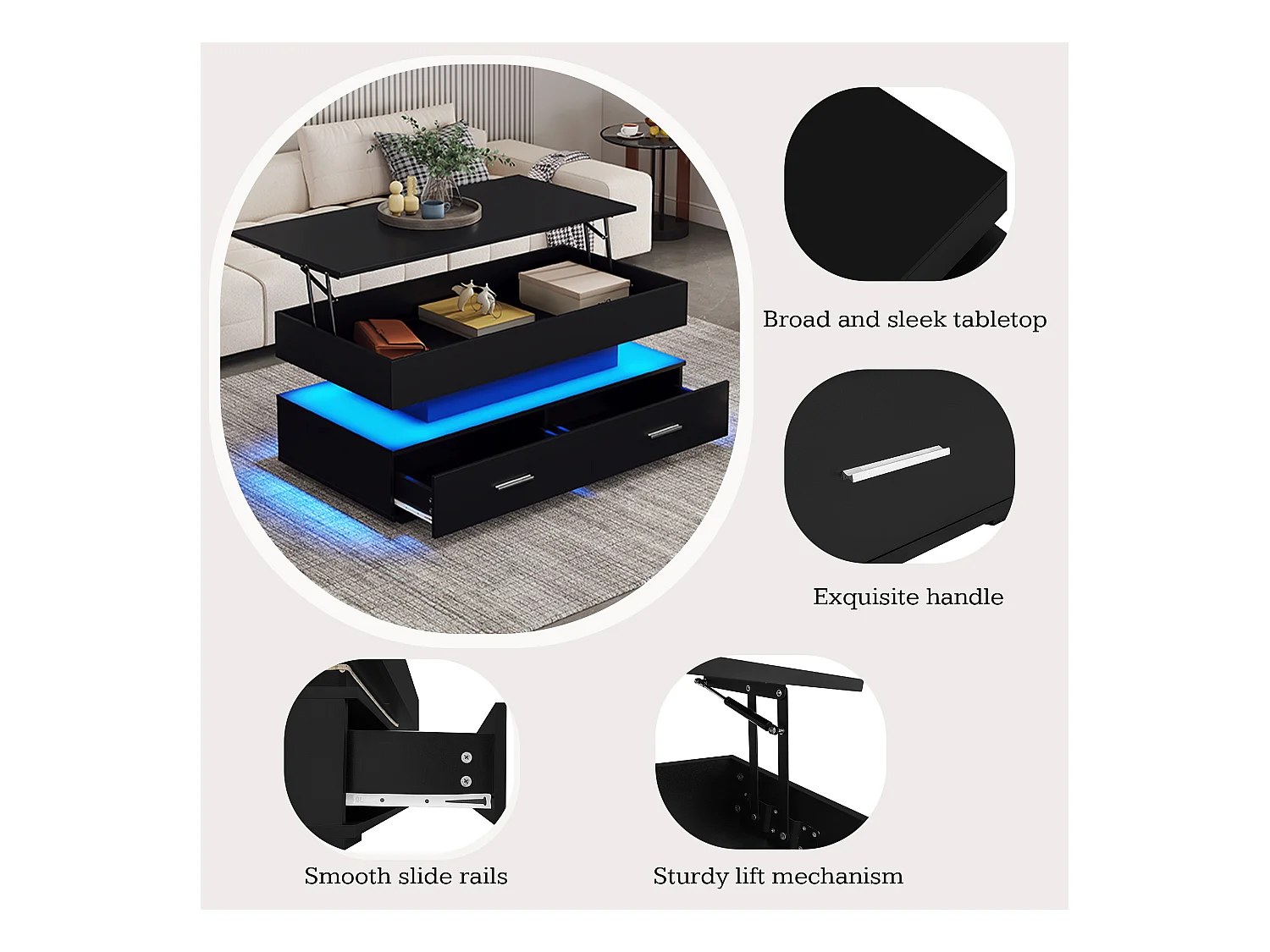 Hydraulischer Couchtisch mit Hebefunktion – 100 × 50 × 44 cm – mit LEDs + 2 Schubladen – Spanplatte – Schwarz