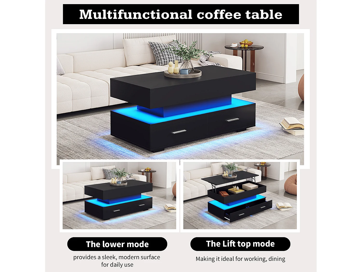 Table basse relevable hydraulique - 100 x 50 x 44 cm - avec Leds + 2 tiroirs - Aggloméré - noir