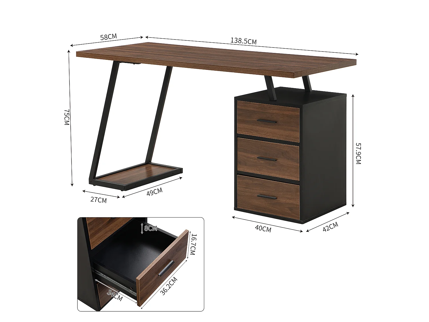 Schreibtisch mit Ablage – 138,5 x 58 x 75 cm – mit 3 Schubladen – MDF – Braun