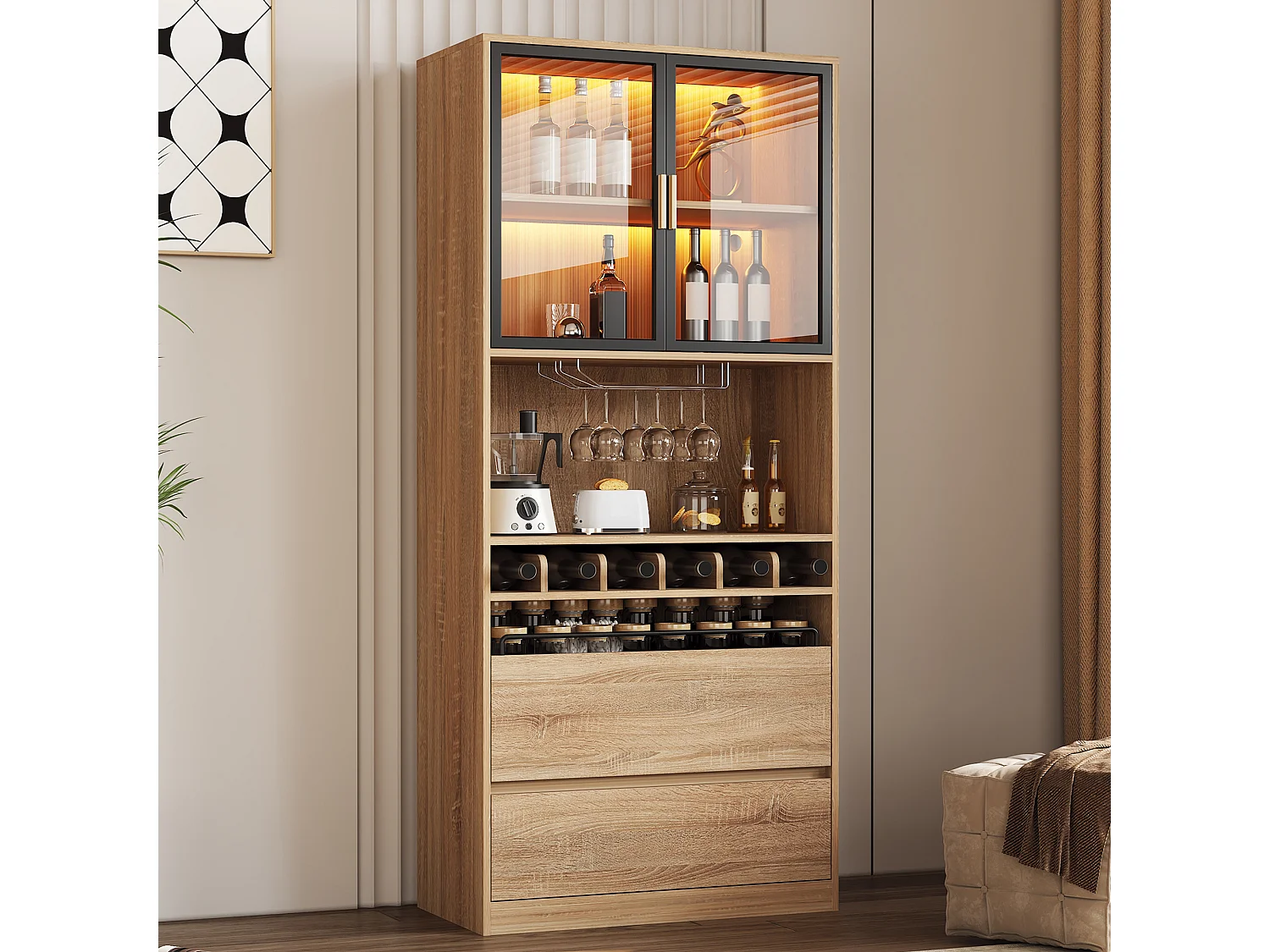 Barkast - 80 x 40 x 180 cm - met 2 glazen deuren + ledverlichting + 2 laden - MDF - naturel