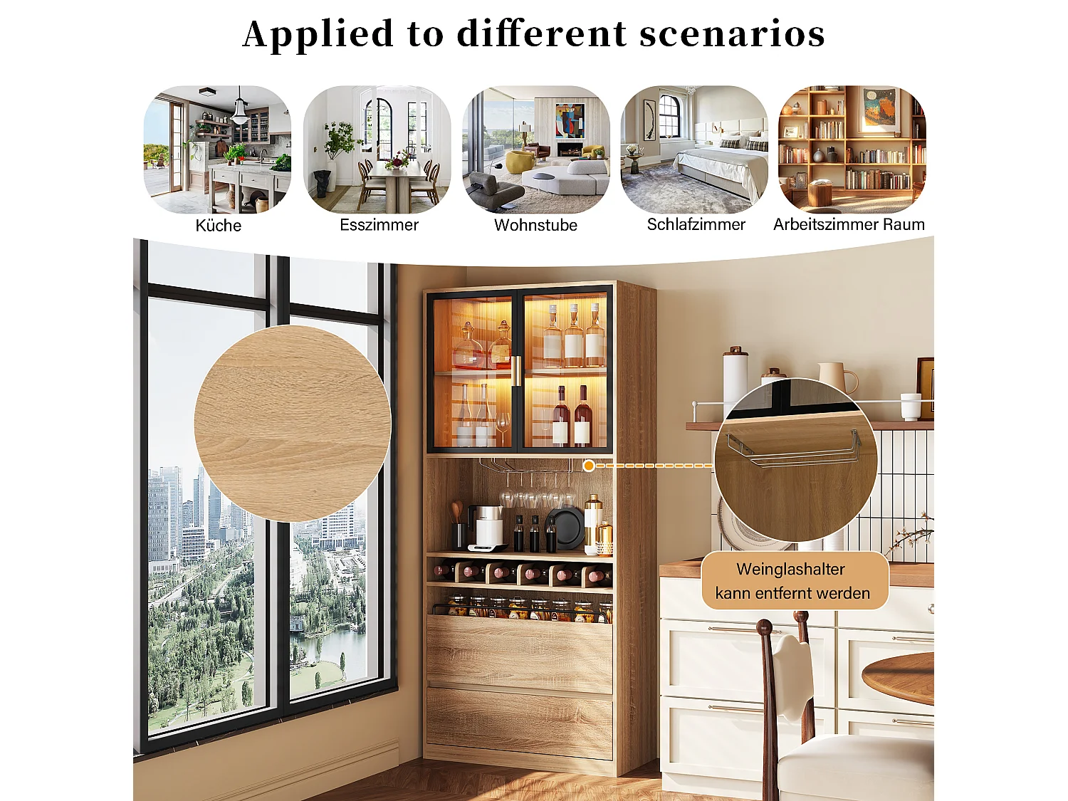 Barkast - 80 x 40 x 180 cm - met 2 glazen deuren + ledverlichting + 2 laden - MDF - naturel