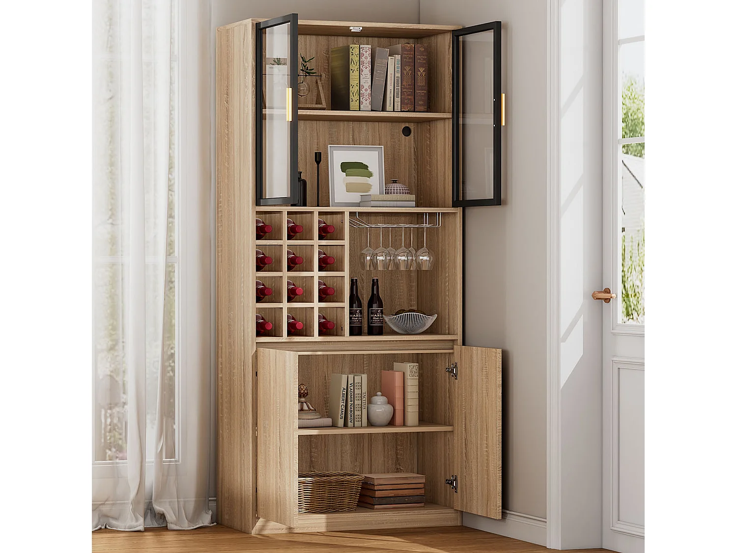 Meuble de bar - 80 x 40 x 180 cm - avec 2 portes vitrées + Leds + 2 portes en bois - MDF - naturel