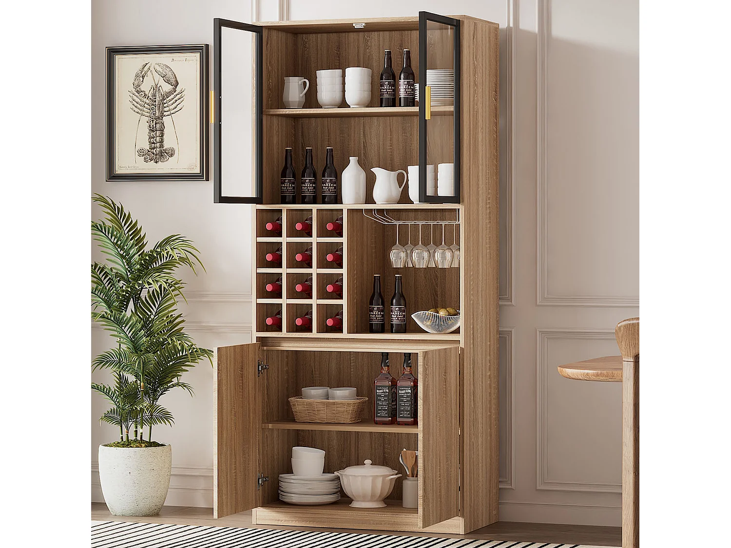 Meuble de bar - 80 x 40 x 180 cm - avec 2 portes vitrées + Leds + 2 portes en bois - MDF - naturel