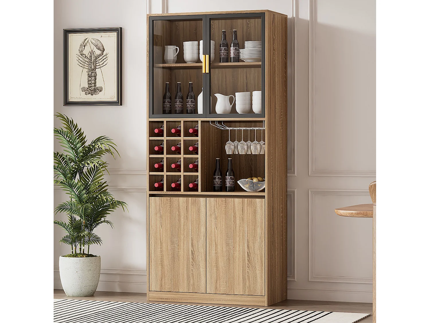 Meuble de bar - 80 x 40 x 180 cm - avec 2 portes vitrées + Leds + 2 portes en bois - MDF - naturel