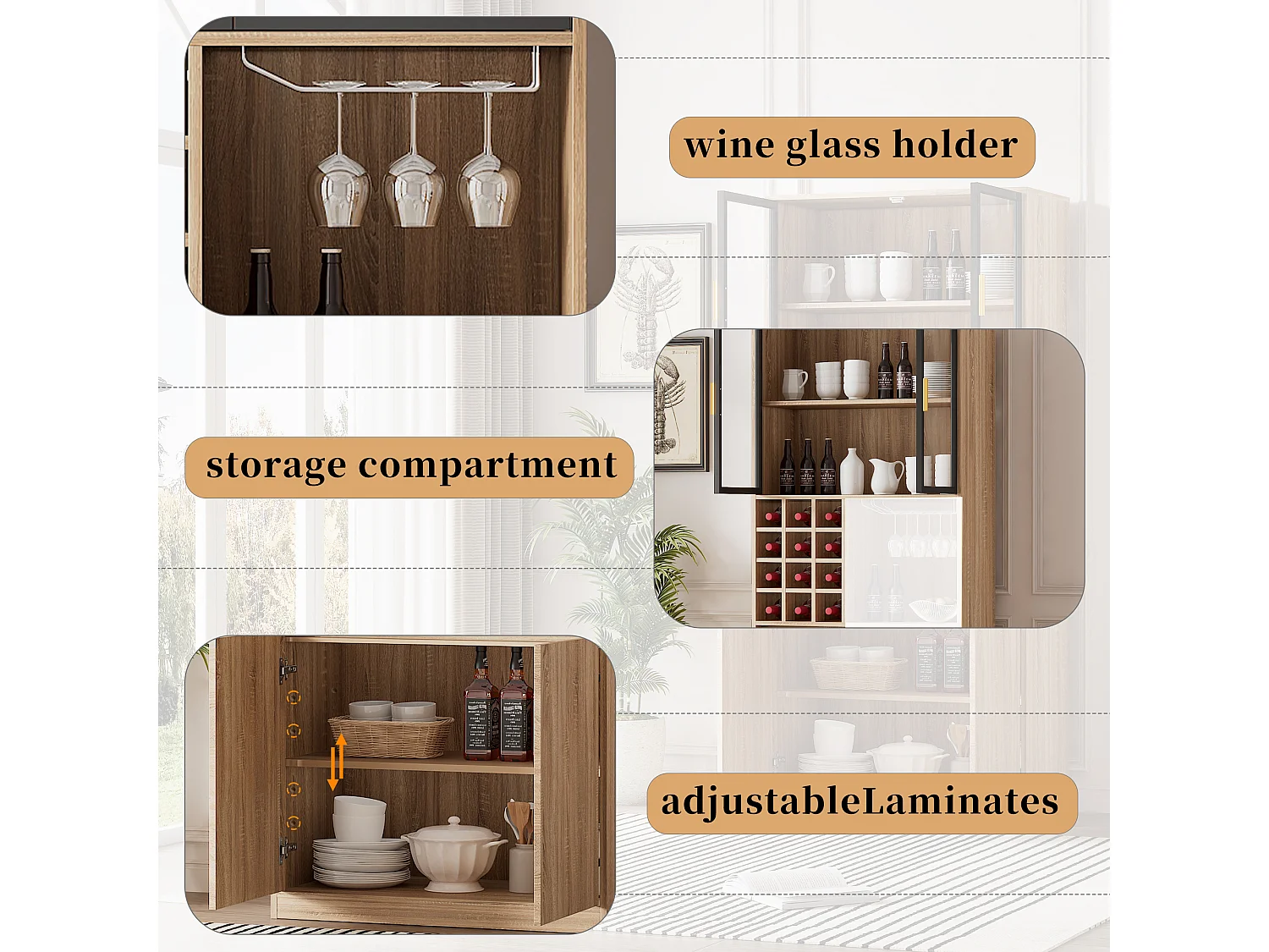 Meuble de bar - 80 x 40 x 180 cm - avec 2 portes vitrées + Leds + 2 portes en bois - MDF - naturel