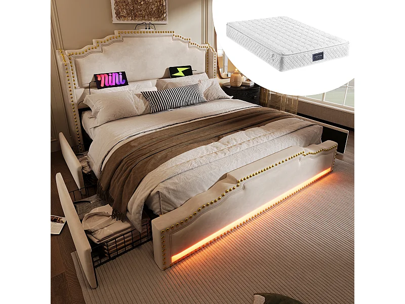 Łóżko tapicerowane podwójne ze schowkiem - 140 x 200 cm - z 4 szufladami + LED + USB - z materacem - aksamit - beż