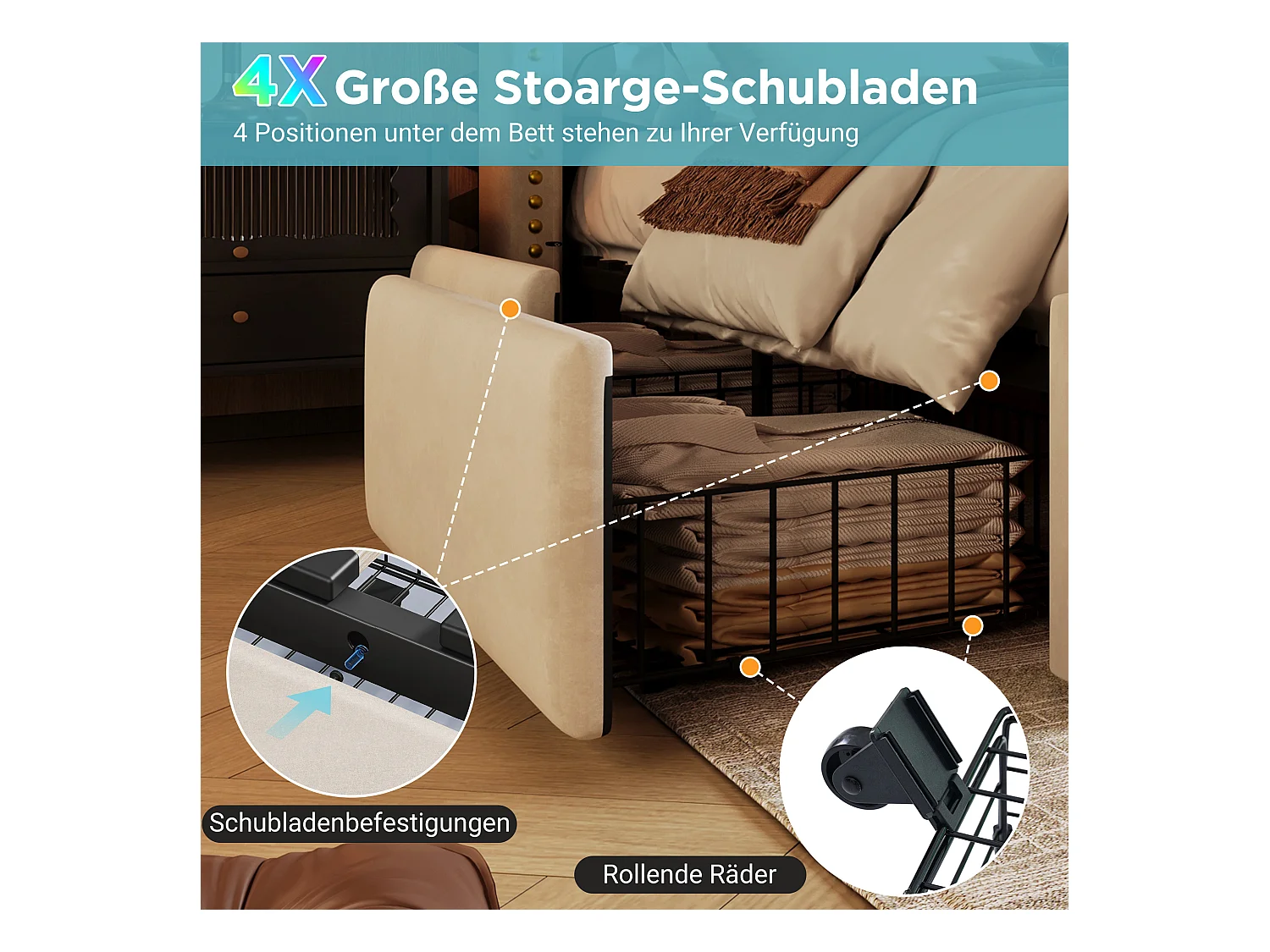 Doppelbett Polsterbett mit Stauraum - 140 x 200 cm - mit 4 Schubladen + LEDs + USB - mit Matratze - Samt - Beige