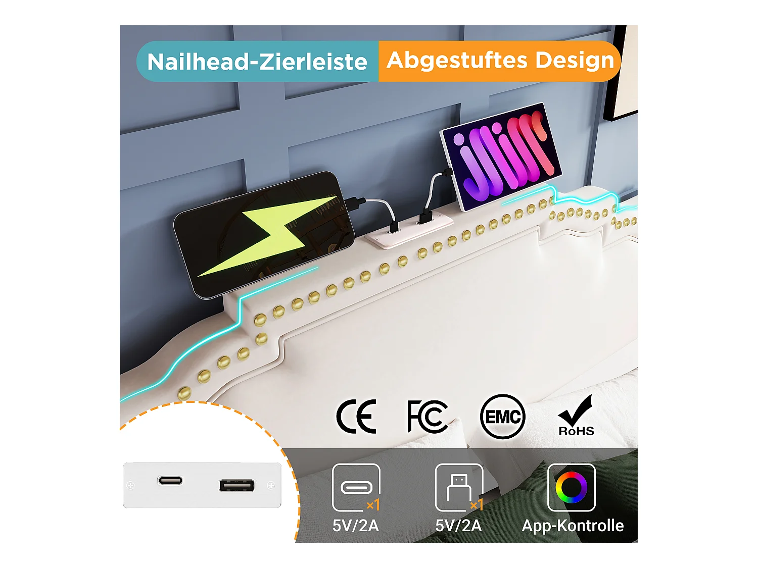 Lit coffre rembourré double - 140 x 200 cm - avec 4 tiroirs + Leds + USB - avec matelas - velours - beige