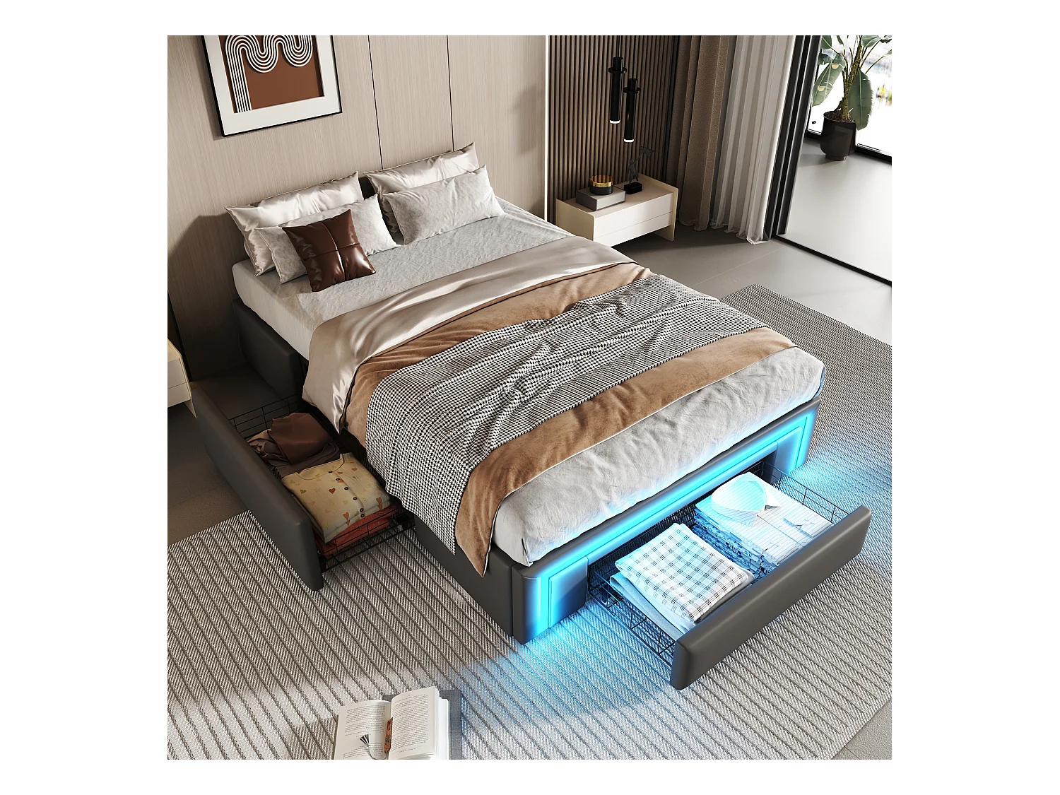 Cadre de lit pour enfant - 90 x 200 cm - avec 2 tiroirs + Leds - sans tête de lit - Cuir PU + métal + MDF - gris