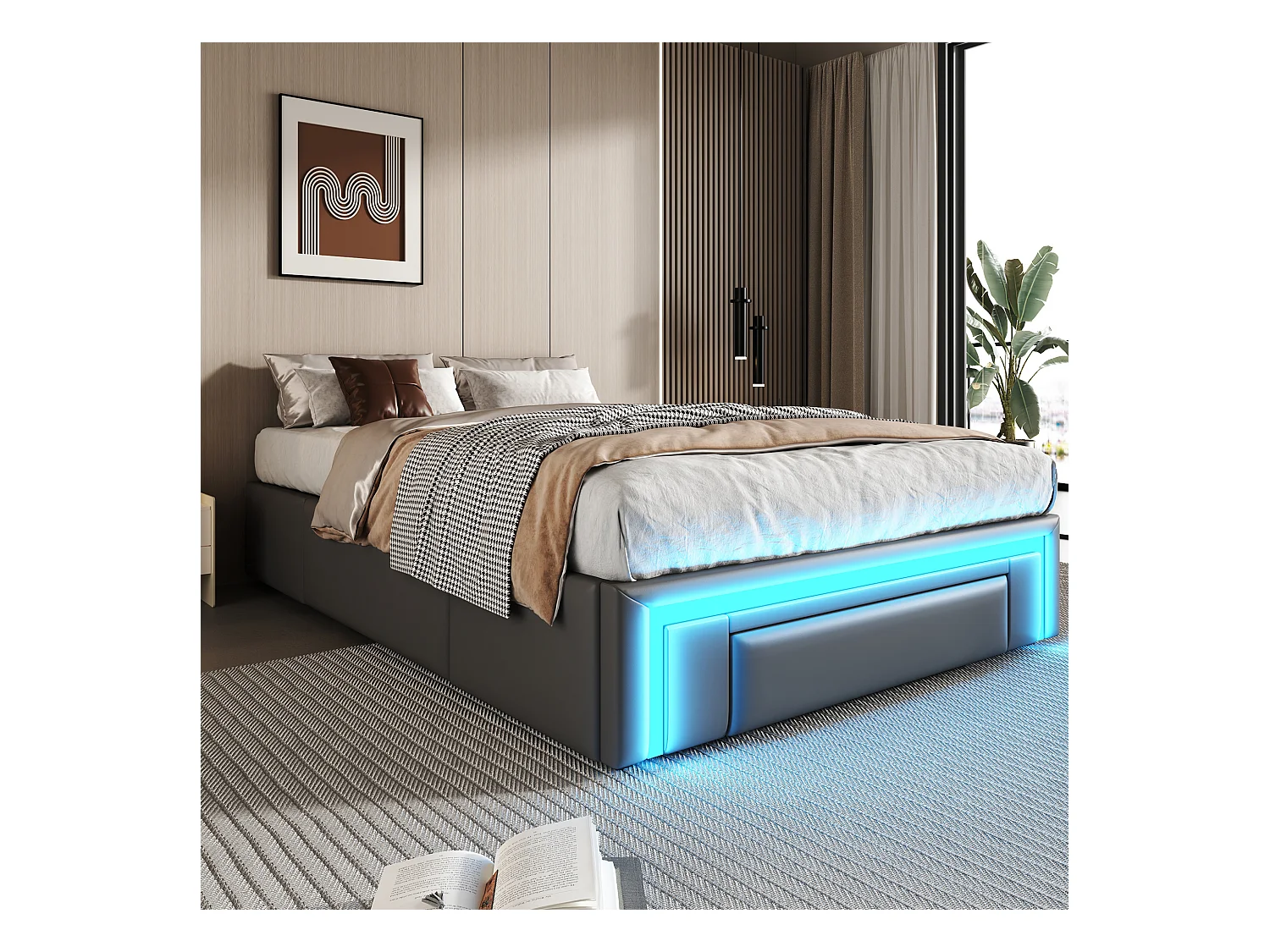 Cadre de lit pour enfant - 90 x 200 cm - avec 2 tiroirs + Leds - sans tête de lit - Cuir PU + métal + MDF - gris