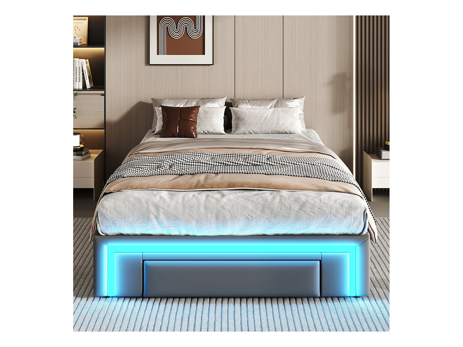 Cadre de lit pour enfant - 90 x 200 cm - avec 2 tiroirs + Leds - sans tête de lit - Cuir PU + métal + MDF - gris