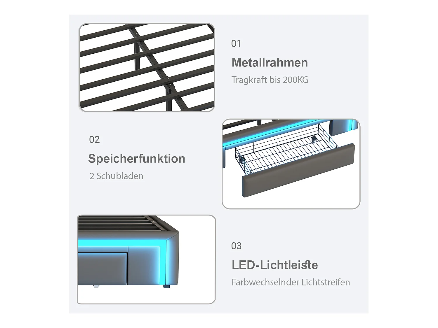 Cadre de lit pour enfant - 90 x 200 cm - avec 2 tiroirs + Leds - sans tête de lit - Cuir PU + métal + MDF - gris