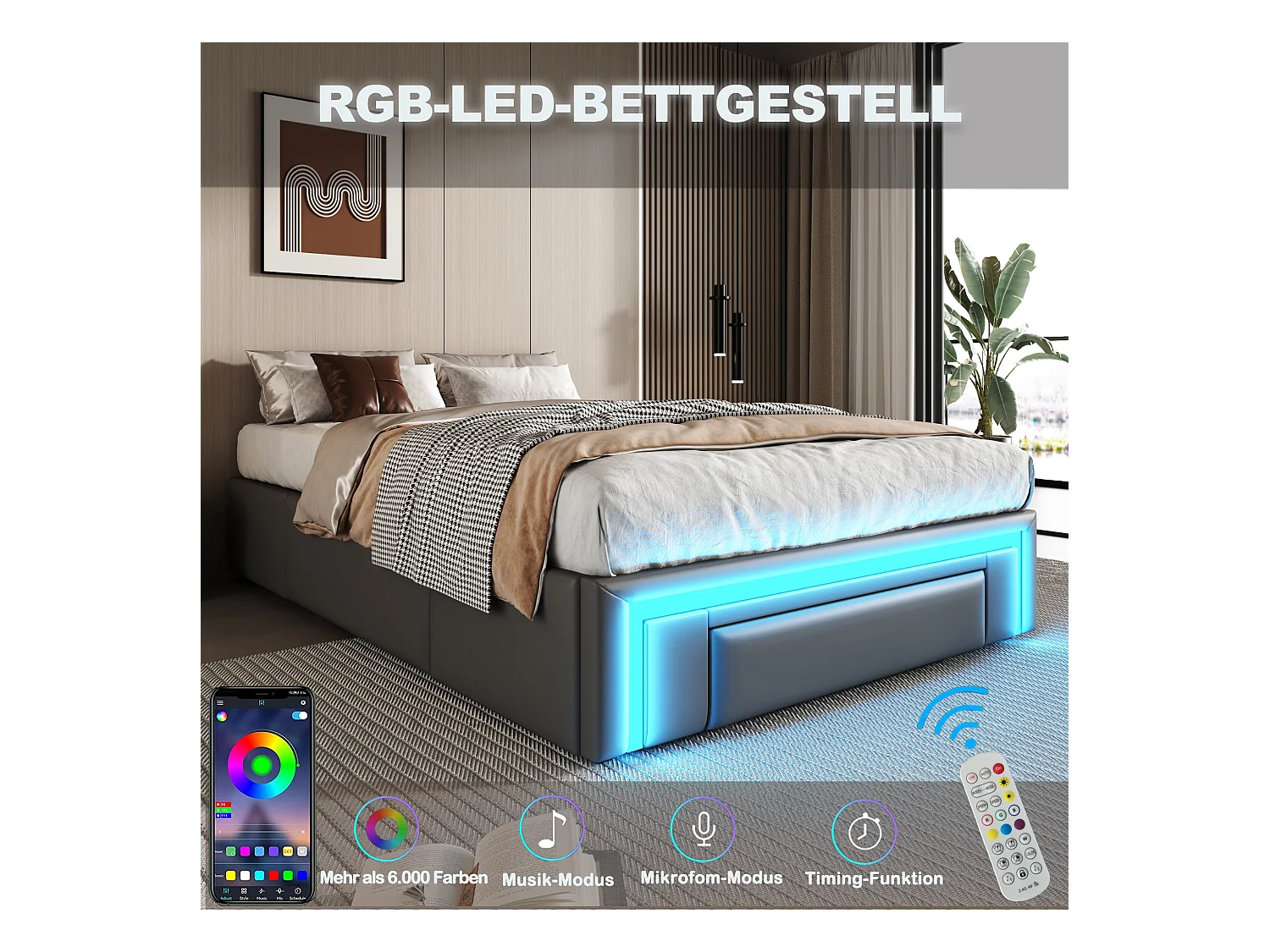 Cadre de lit pour enfant - 90 x 200 cm - avec 2 tiroirs + Leds - sans tête de lit - Cuir PU + métal + MDF - gris