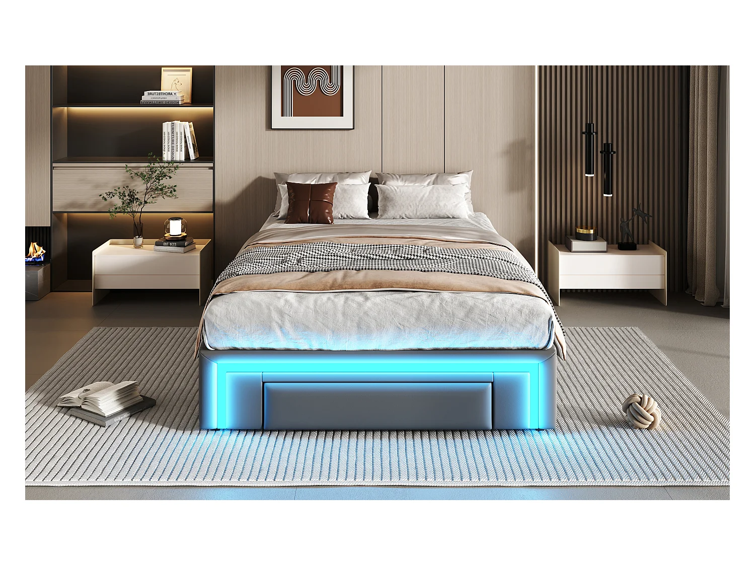 Cadre de lit pour enfant - 90 x 200 cm - avec 2 tiroirs + Leds - sans tête de lit - Cuir PU + métal + MDF - gris