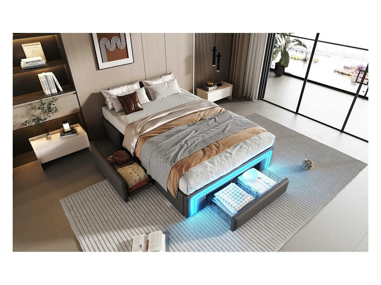 Cadre de lit pour enfant - 90 x 200 cm - avec 2 tiroirs + Leds - sans tête de lit - Cuir PU + métal + MDF - gris