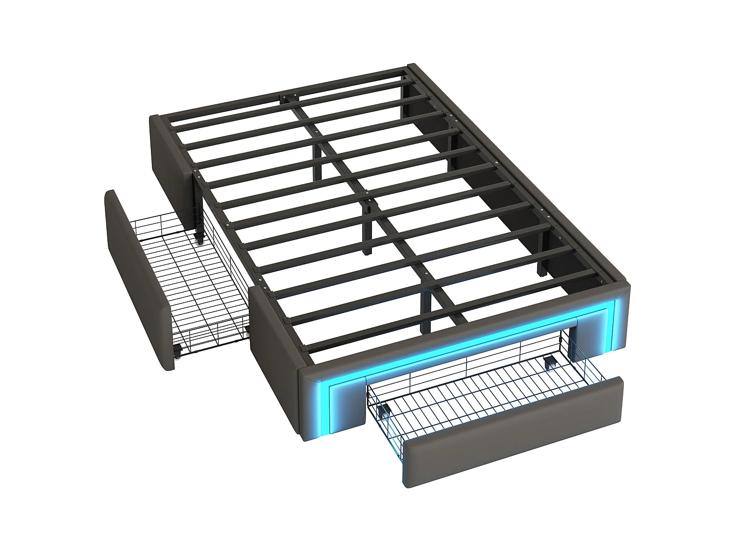 Cadre de lit pour enfant - 90 x 200 cm - avec 2 tiroirs + Leds - sans tête de lit - Cuir PU + métal + MDF - gris