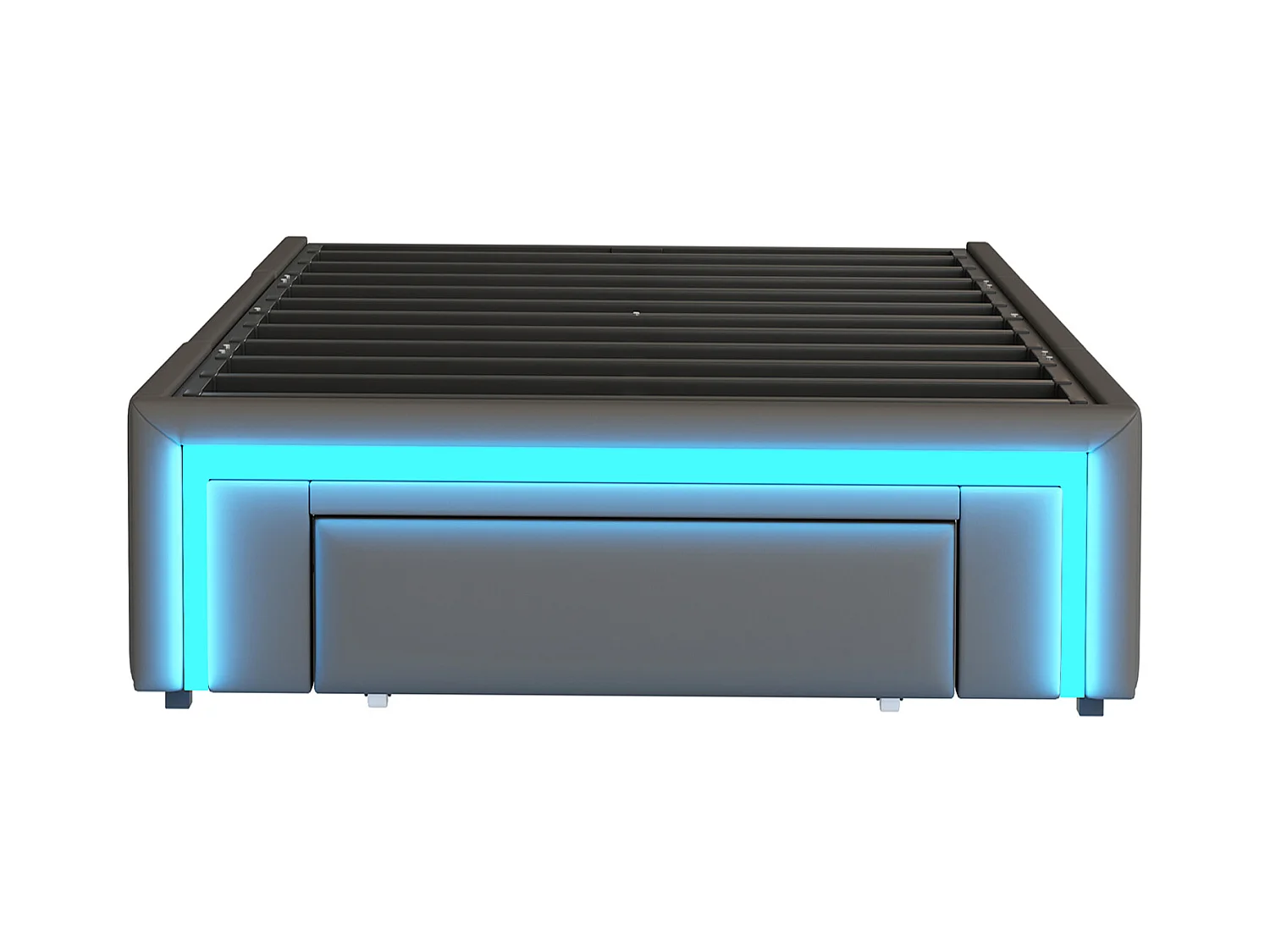 Cadre de lit pour enfant - 90 x 200 cm - avec 2 tiroirs + Leds - sans tête de lit - Cuir PU + métal + MDF - gris