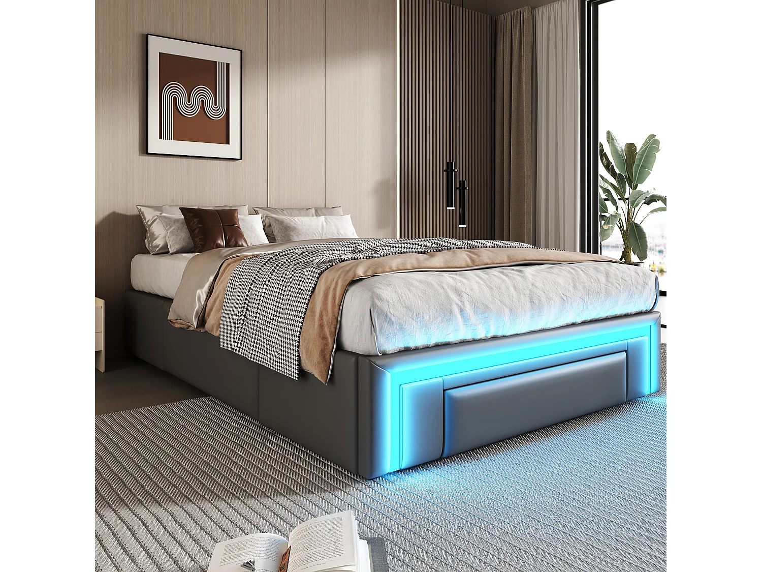 Cadre de lit pour enfant - 90 x 200 cm - avec 2 tiroirs + Leds - sans tête de lit - Cuir PU + métal + MDF - gris