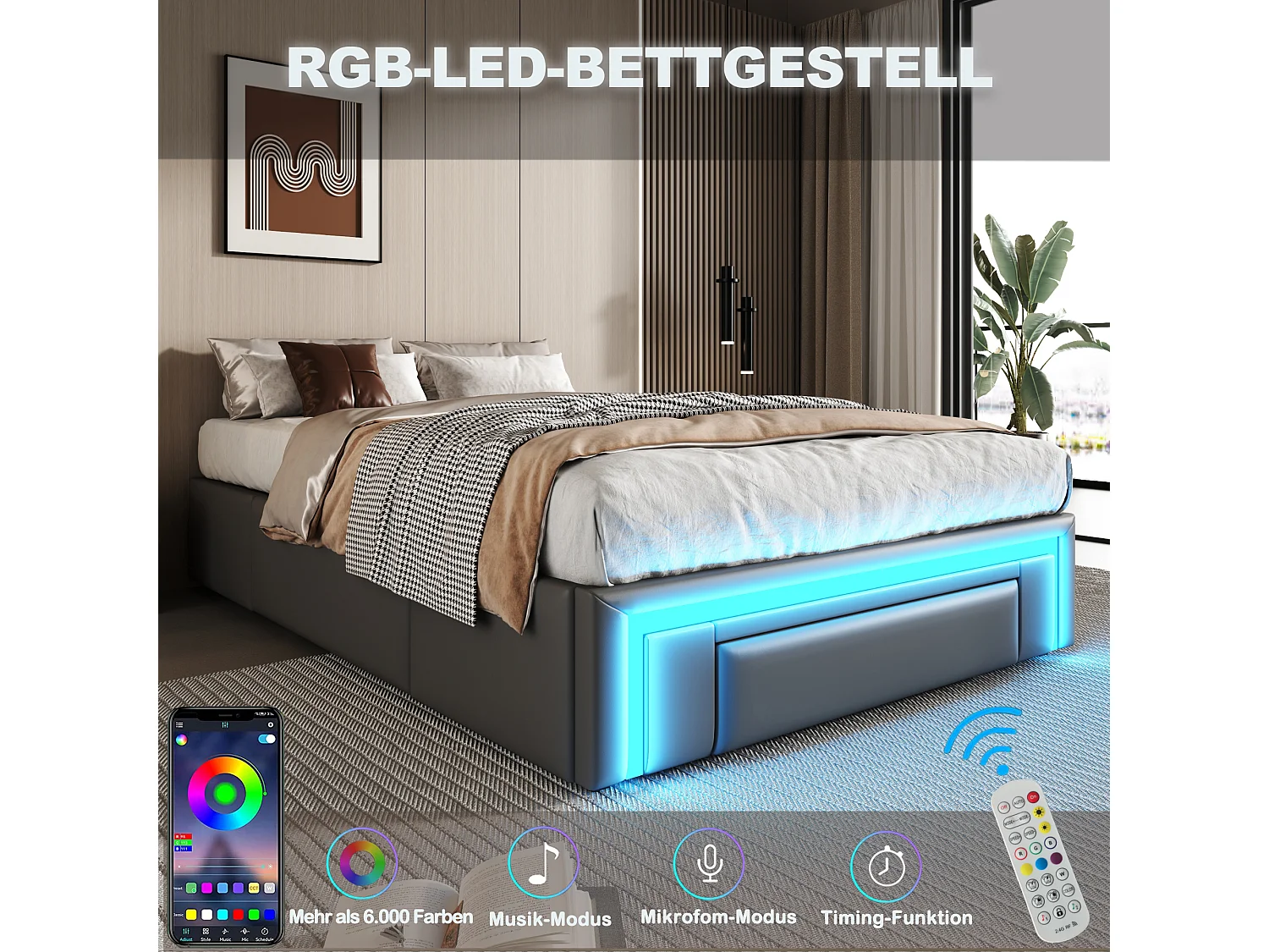 Cadre de lit pour enfant - 90 x 200 cm - avec 2 tiroirs + Leds - sans tête de lit - Cuir PU + métal + MDF - gris