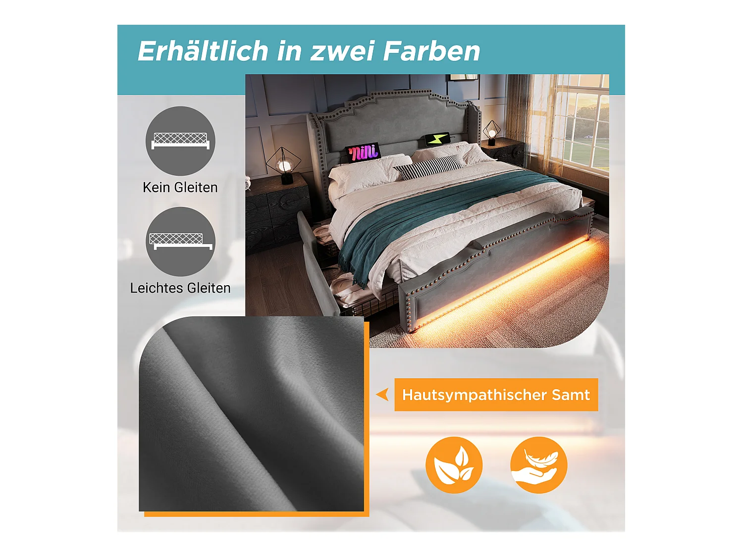 Łóżko tapicerowane podwójne ze schowkiem - 160 x 200 cm - z 4 szufladami + LED + USB - z materacem - aksamitne - szare