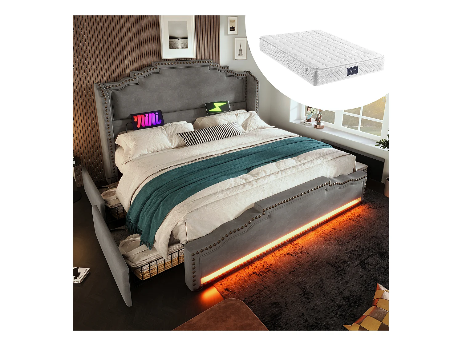 Lit coffre rembourré double - 160 x 200 cm - avec 4 tiroirs + Leds + USB - avec matelas - velours - gris