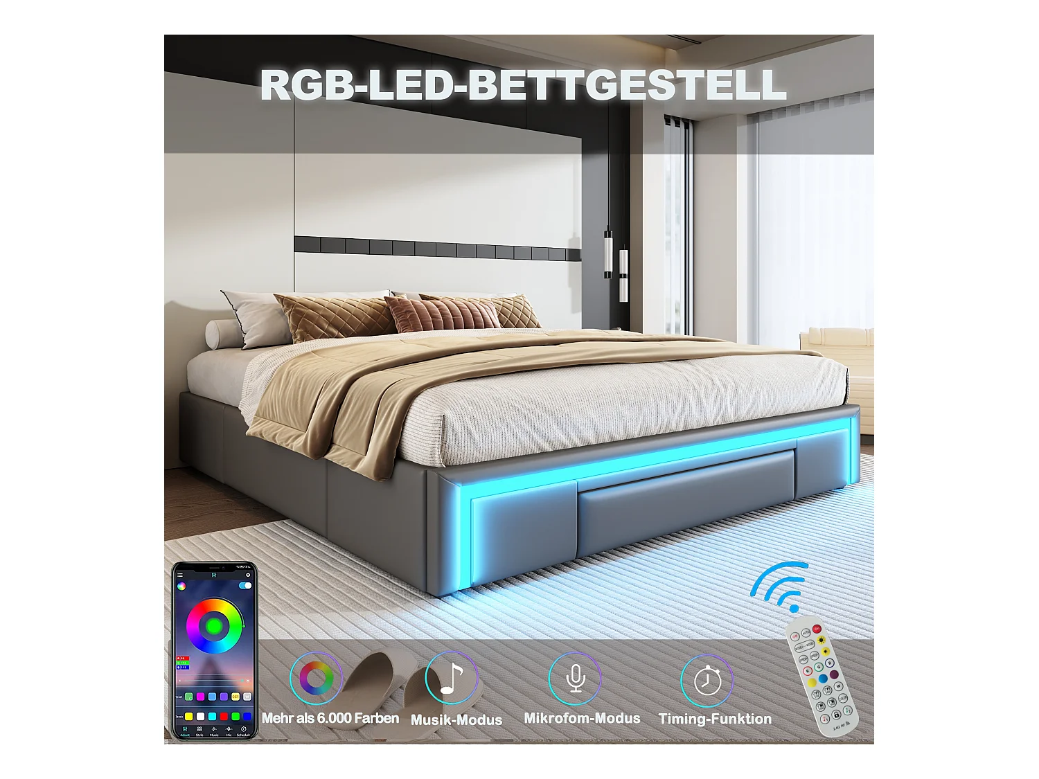 Rama łóżka podwójnego - 180 x 200 cm - z 3 szufladami + diodami LED - bez zagłówka - skóra ekologiczna + metal + MDF - szary