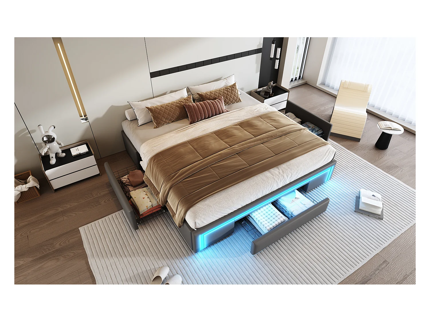 Rama łóżka podwójnego - 180 x 200 cm - z 3 szufladami + diodami LED - bez zagłówka - skóra ekologiczna + metal + MDF - szary