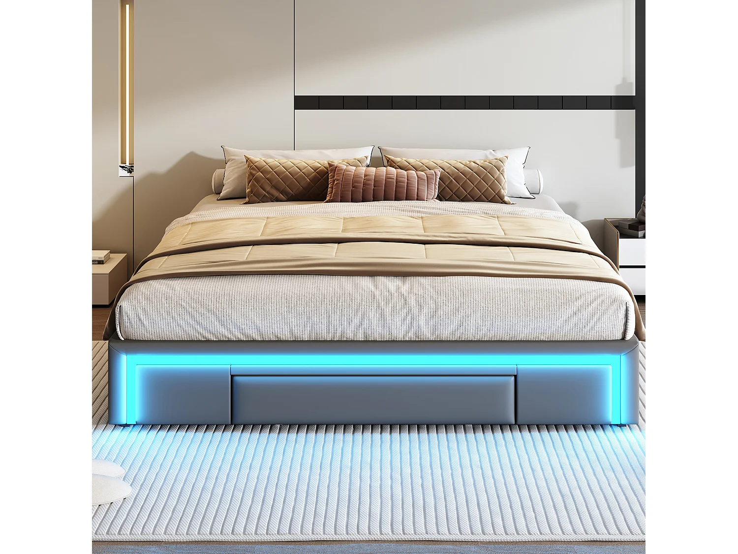 Cadre de lit double - 180 x 200 cm - avec 3 tiroirs + Leds - sans tête de lit - Cuir PU + métal + MDF - gris