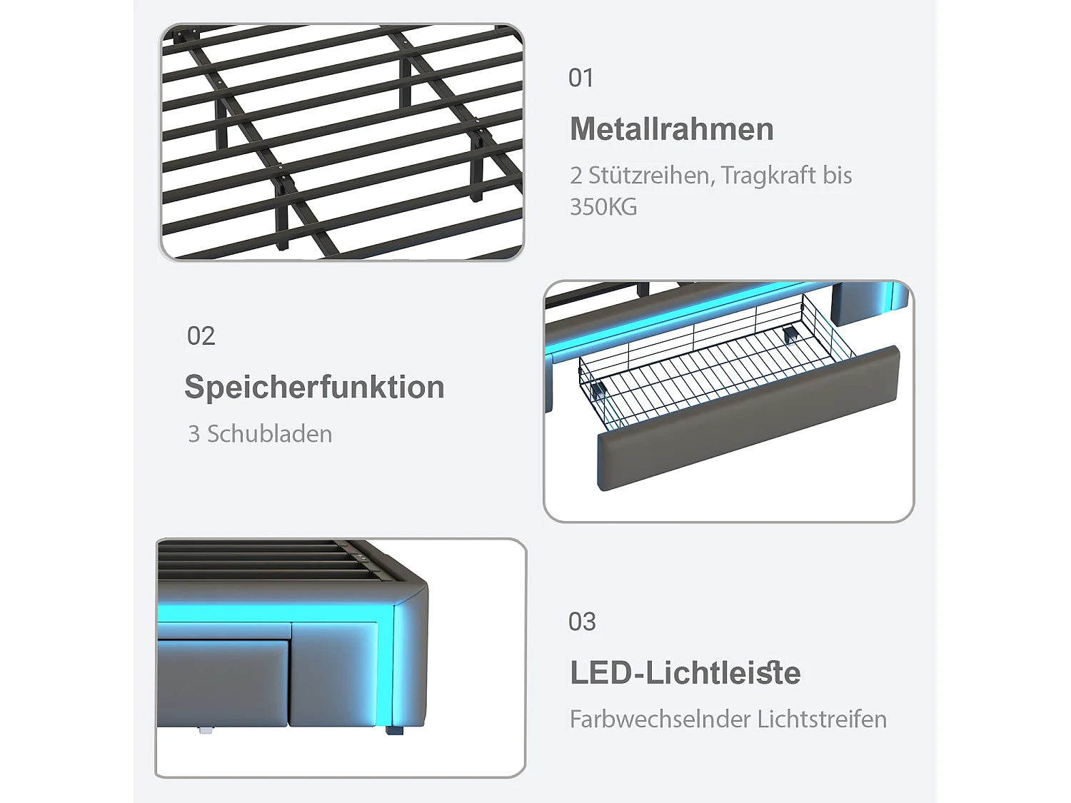 Cadre de lit double - 180 x 200 cm - avec 3 tiroirs + Leds - sans tête de lit - Cuir PU + métal + MDF - gris